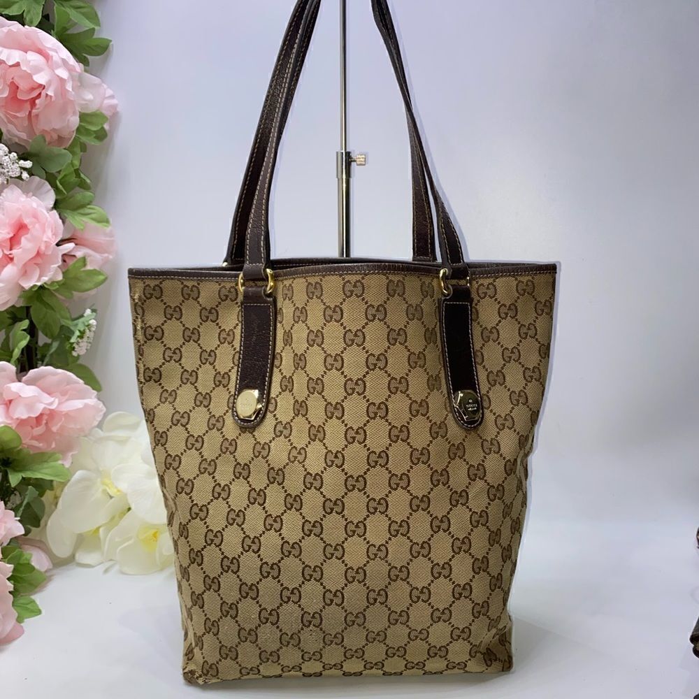 Authentic Gucci Gg Logo Canvas Leathertrimtote